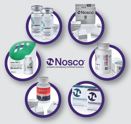 Image of Nosco logo surrounded by images of Nosco pharma packaging