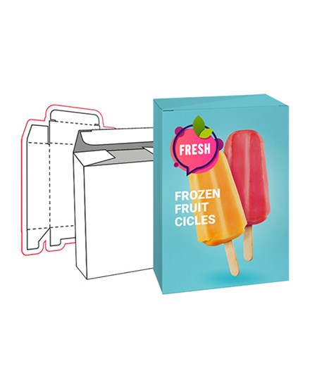 Colorful illustration of popsicle packaging in front of a black and white outline of the packaging